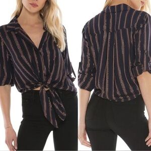 Cloth & Stone Navy Blue Metallic Copper Stripes Button Down Tie Front Shirt sz M